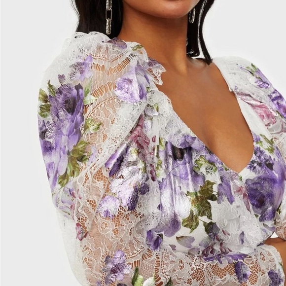 For Love & Lemons Purple Metallic Floral Lace Ruffle Cut Out Cocktail Mini Dress - Picture 3 of 13